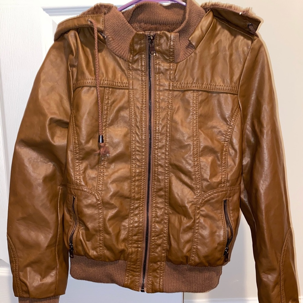 Leather fur lined hooded jacket